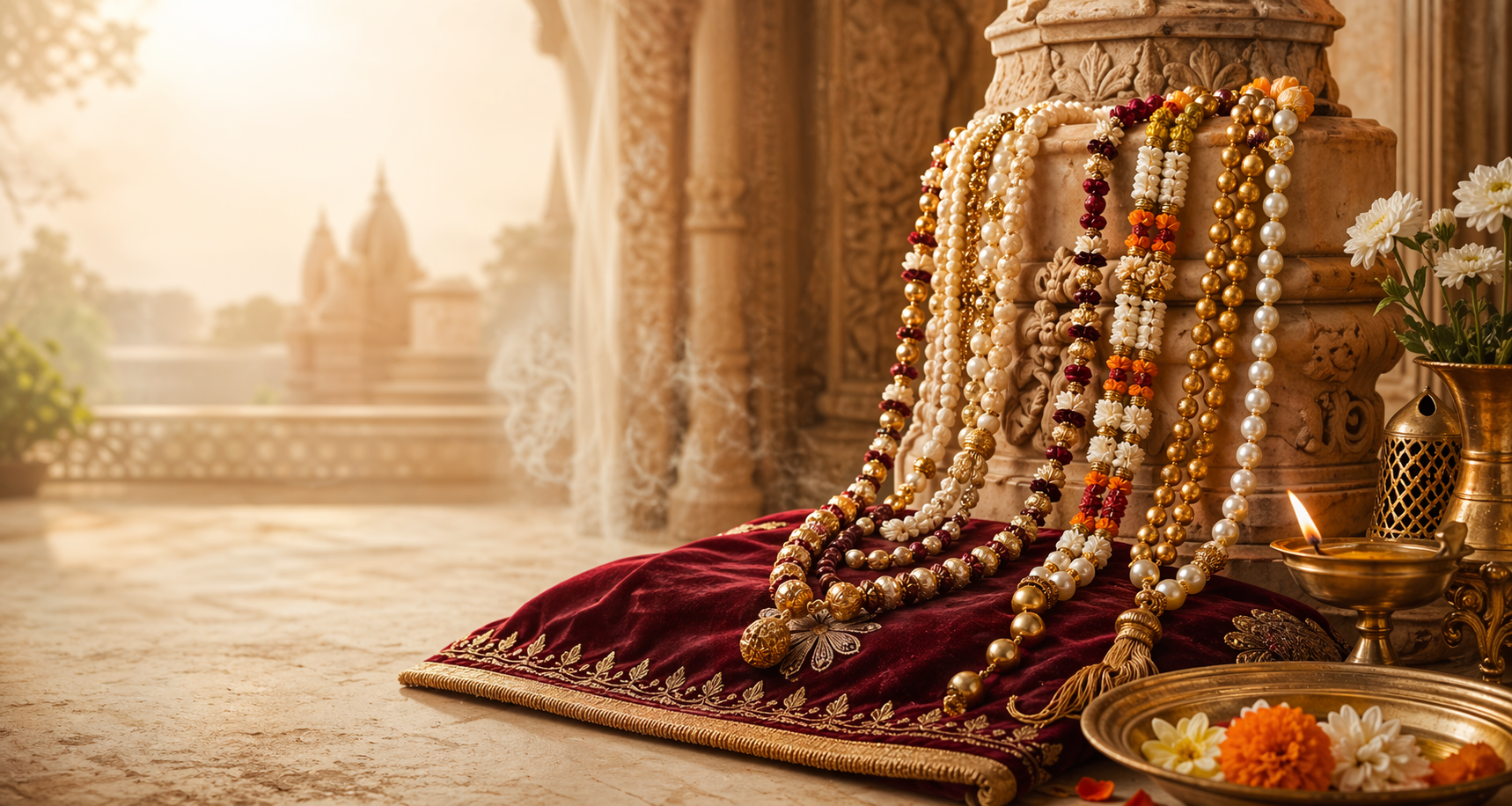 Styled Priye Creations products arranged in an elegant spiritual setting